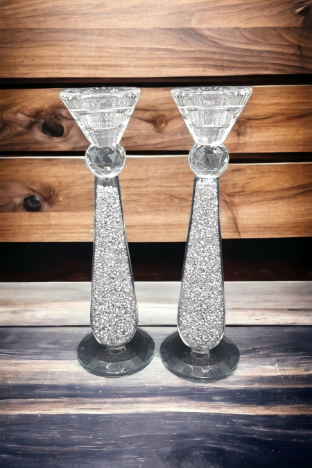 2 bougeoirs en cristal à éclats d'argent 