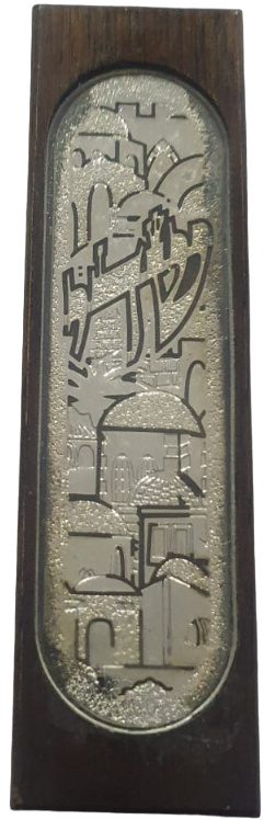 Étui de Mézouza Jérusalem 6 cm montée sur bois d'olivier avec double-face