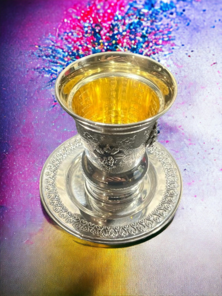 VERRE DE KIDOUSH DE LUXE DES 4 FLEUVES DU JARDIN D'ÉDEN EN ARGENT PUR : 925 ARGENT STERLING