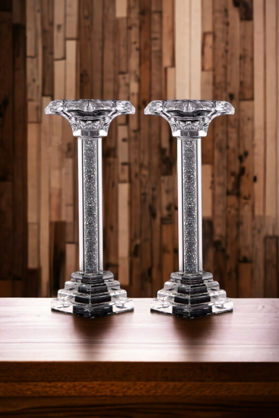 Bougeoirs carrés en cristal avec éclats d'argent 