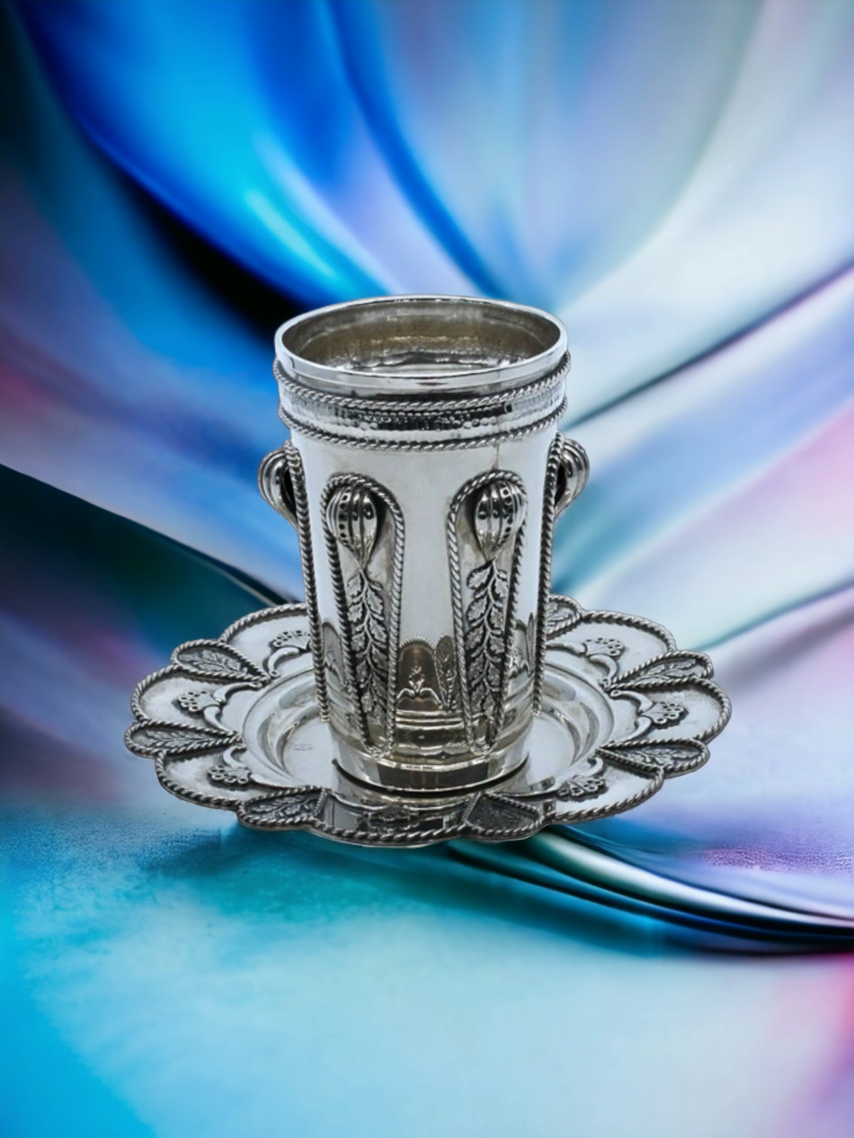 VERRE DE KIDOUSH DE LUXE DES 4 FLEUVES DU JARDIN D'ÉDEN EN ARGENT PUR : 925 ARGENT STERLING