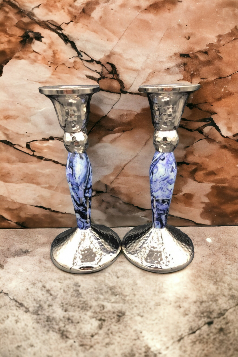 Bougeoirs en aluminium aspect marbre bleu 17 cm