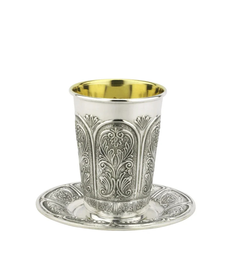 Verre de Kidoush avec petite assiette en argent pur - 925 argent sterling 