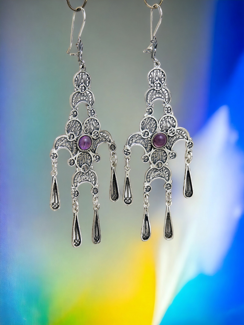 BOUCLES D'OREILLES EN ARGENT PUR SERTIES DE PIERRES D'AMÉTHYSTE 