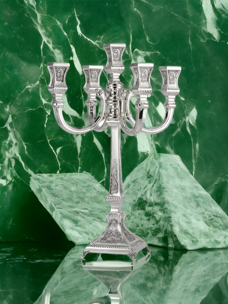 CANDELABRE DE LUXE MARTELE 5 BRANCHES EN ARGENT PUR : 925 ARGENT STERLING 