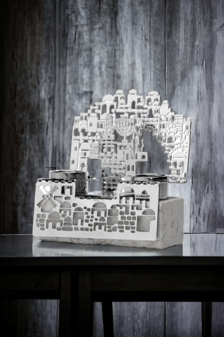 Bougeoirs de Chabbat design Jérusalem sur pierre naturelle, recouverts d'argent véritable