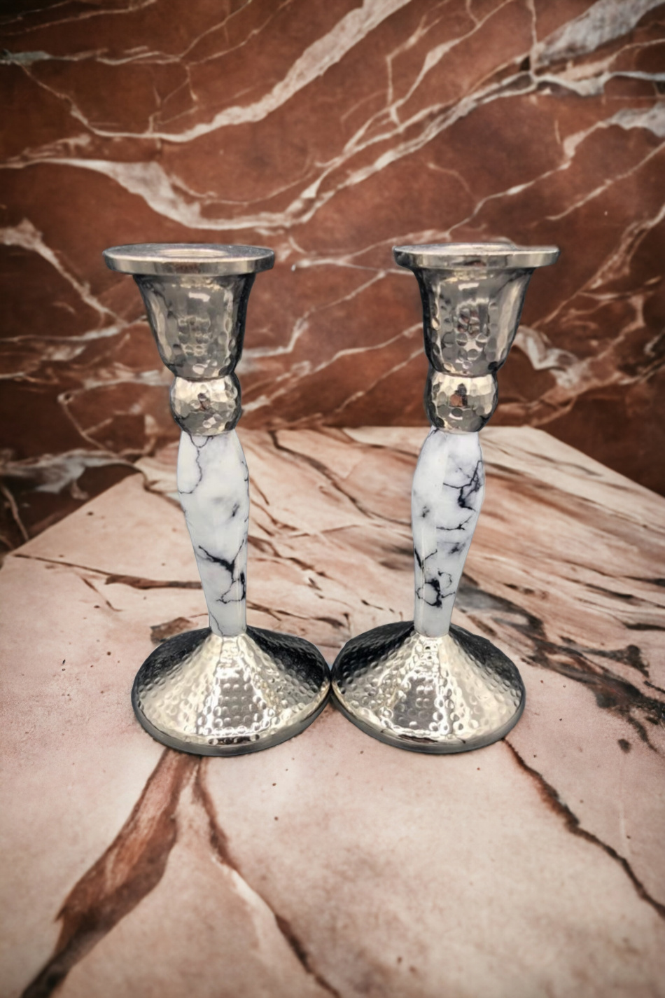 Bougeoirs en aluminium aspect marbre blanc 17 cm