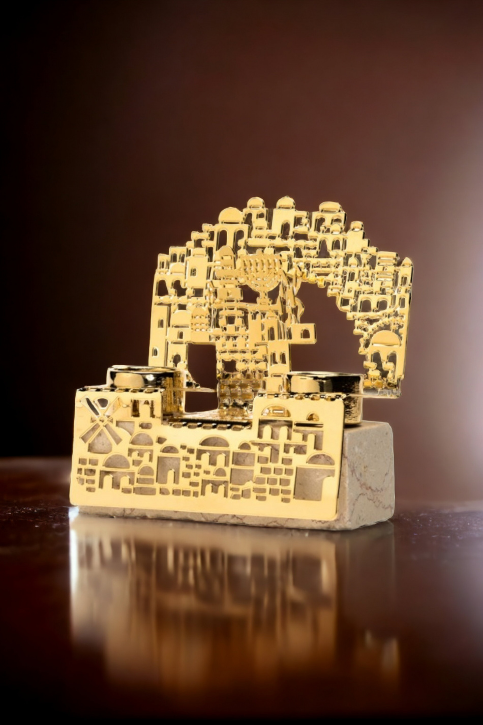 Bougeoirs De Chabbat Design Jérusalem Sur Pierre Naturelle, Recouverts D'or 24 carats 