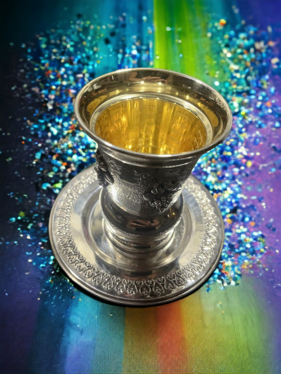VERRE DE KIDOUSH DE LUXE DES 4 FLEUVES DU JARDIN D'ÉDEN EN ARGENT PUR : 925 ARGENT STERLING