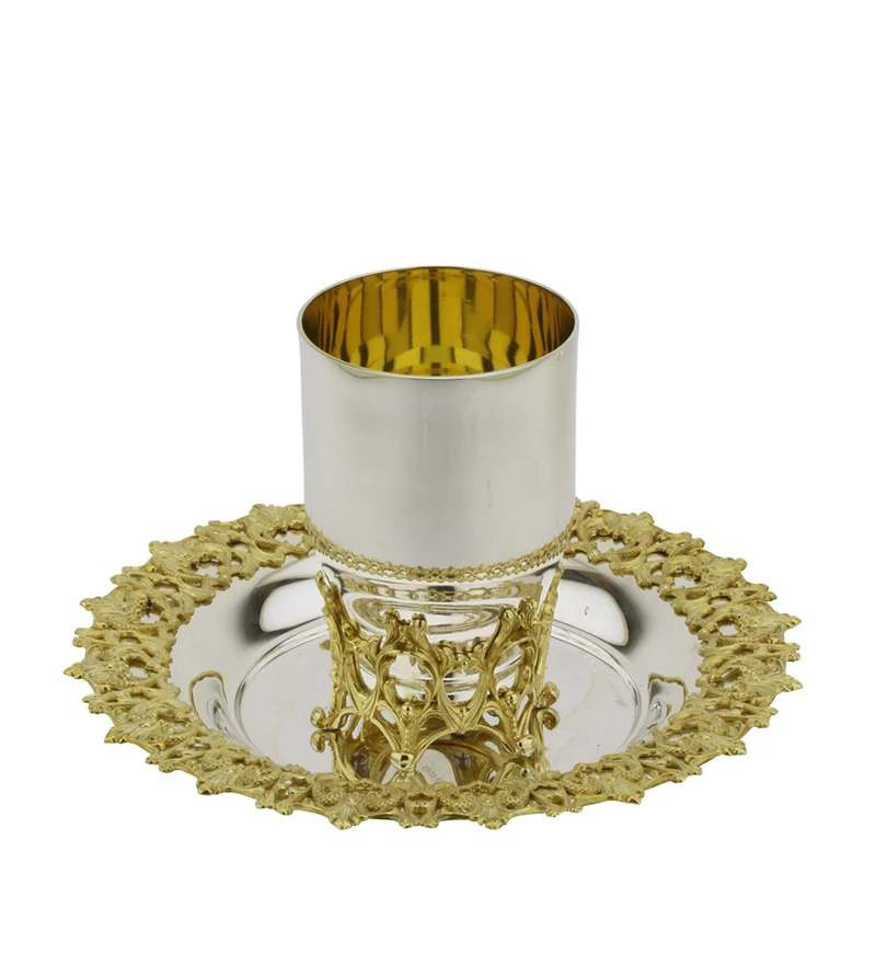 Tasse et assiette de kiddouch fabriquée en argent sterling 925 + plaqué or