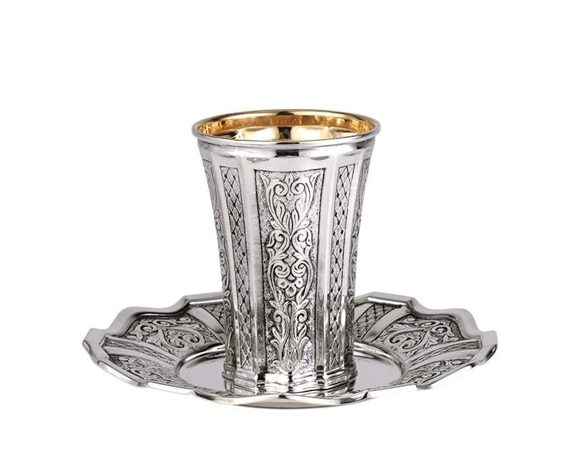  Tasse et assiette martelées de luxe pour Kiddouch, en 925 argent sterling